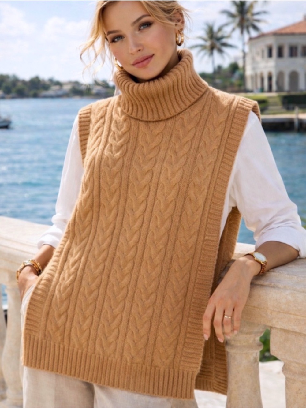 Weekend MAX MARA Afa Camel Cable Knit Wool Sweater Vest Poncho Italy NWOT OS
